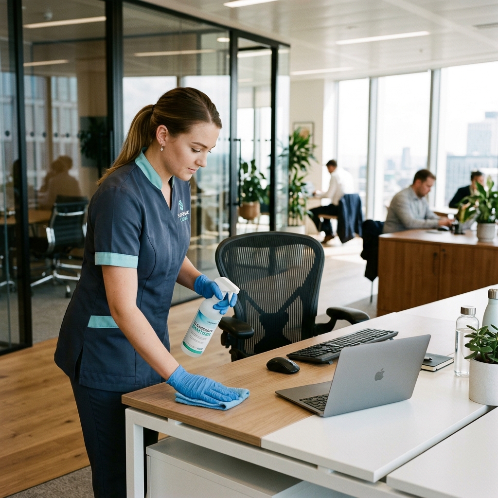 Especialista de Green Clean desinfectando escritorio de oficina